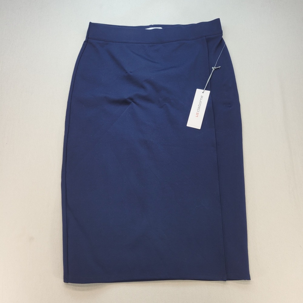 Liz Claiborne Pencil Skirt Womens Medium Blue Wrap Front Midi Office Business